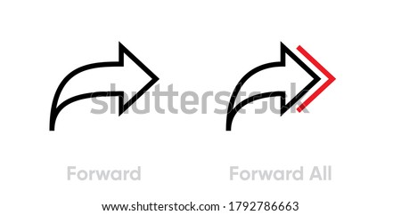 Collection linear icons arrows for move. Editable vector outline. Forward arrow symbol. Simple badges curved arrows pointing to the right designation forth and forward all isolated on white.