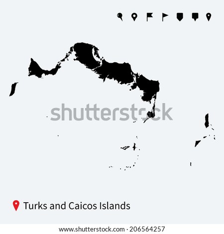 High detailed vector map of Turks and Caicos Islands with navigation pins.