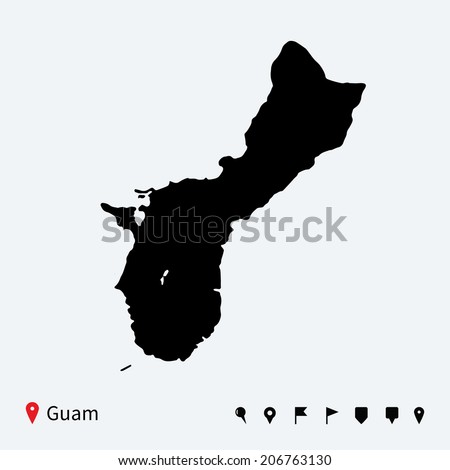 High detailed vector map of Guam with navigation pins.