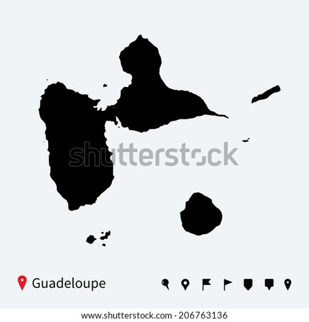 High detailed vector map of Guadeloupe with navigation pins.