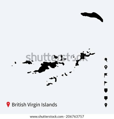 High detailed vector map of British Virgin Islands with navigation pins.