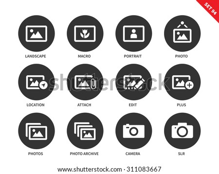 Picture vector icons set. Art concept. Painting and photography items. Icons for galleries and advertising, landscape, portrait, photo, macro, camera. Isolated on white background
