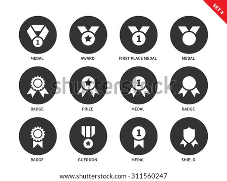 Awards and medals vector icons set of medals, prizes, badges, guerdon, shield and others insignia. Items for ceremonies. Isolated on white background