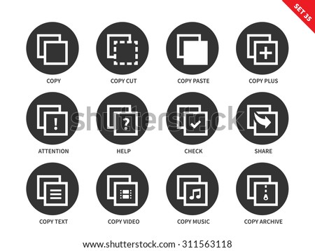 Copy files vector icons set. Computing and technology concept. Icons for apps, presentations and web pages, copy/past text, video, music, archive, check, share. Isolated on white background