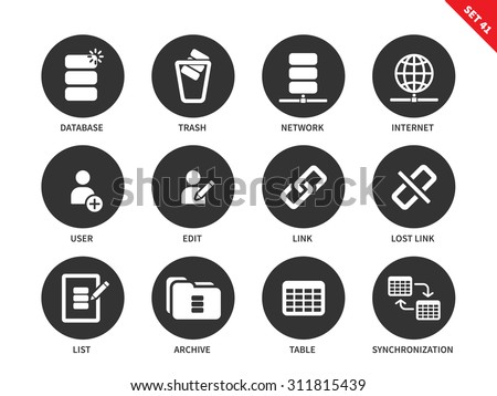 Database and social network vector icons set. Web and internet concept. Items for office computers interface, edit, user, database, trash, link, list, archive and table. Isolated on white background