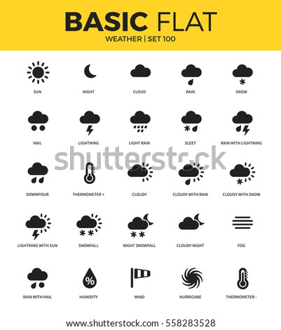 Basic set of hail, night, cloud and lighting icons. Modern flat pictogram collection. Vector material design concept, web symbols and logo concept.