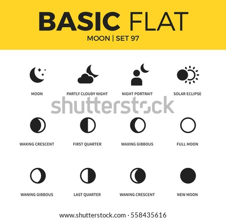 Basic set of solar eclipse, last quarter and first quarter icons. Modern flat pictogram collection. Vector material design concept, web symbols and logo concept.