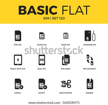 Basic set of SIM cards, standard SIM and damage icons. Modern flat pictogram collection. Vector material design concept, web symbols and logo concept.