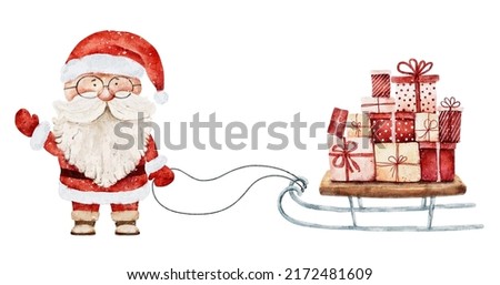 Watercolor Santa Claus and pile of gift boxes on sleigh isolated on white background. Festive clip art for design, print or Christmas invitations. Hand drawn watercolor illustration.