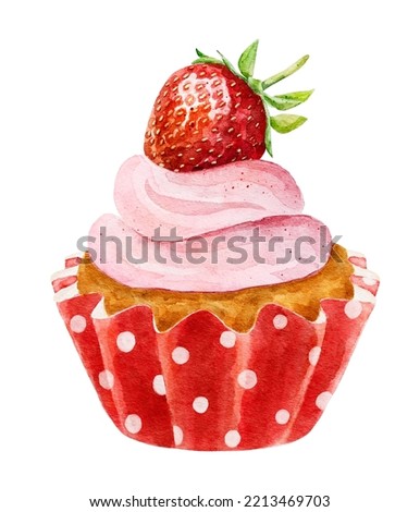 Watercolor delicious cupcake with fresh strawberry isolated on white background. Hand drawn illustration for design of menu, cafe, advertisement etc.
