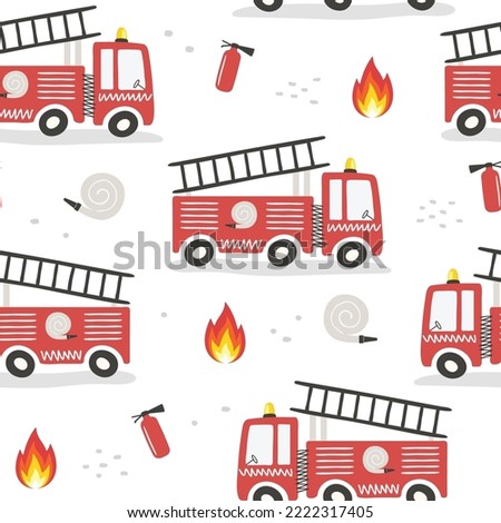 Seamless pattern with cute cartoon fire engines. Can be used for nursery room, textile, wallpaper, packaging, clothing. Flat style.  