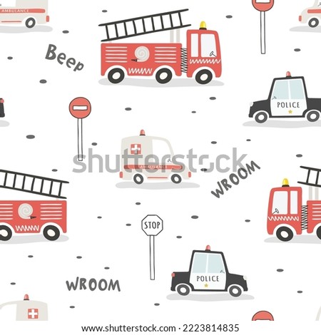 Seamless pattern with police, ambulance and fire truck. Can be used for nursery room, textile, wallpaper, packaging, clothing.