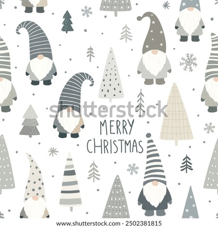 Seamless pattern with Christmas gnomes and trees in soft grey tones on white background. Perfect for holiday wrapping paper, cards, and festive designs