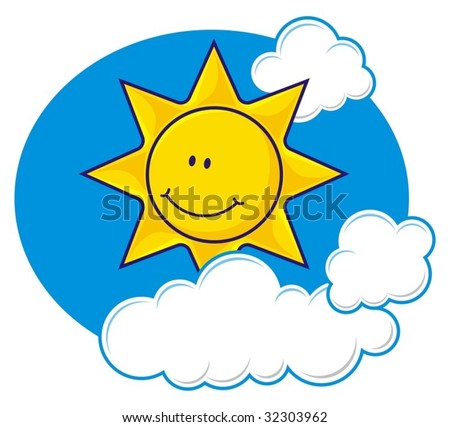 Cartoon Of A Smiling Sun With Fluffy Clouds Stock Vector Illustration ...