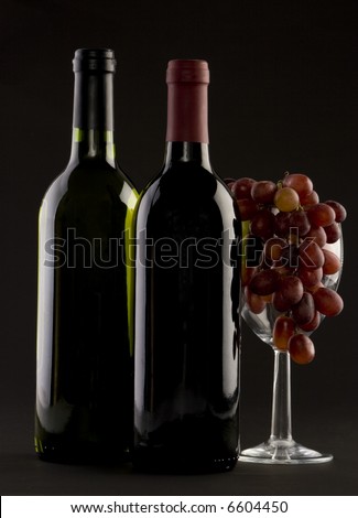 Two Bottles of red wine with grapes on a plain background