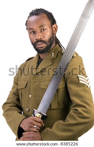A Black man in a Army jacket with a sword isolated on a white background.