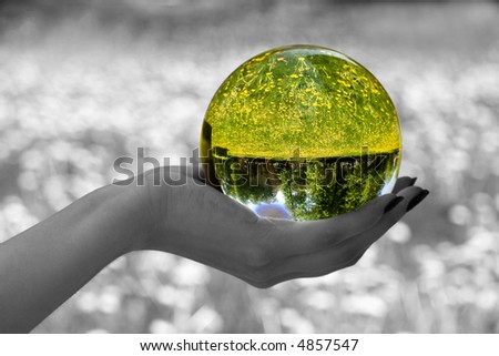 Abstraction. The glass sphere lays on a palm. The turned bright garden with dandelions is visible in sphere. All rest - is decoloured and blur.