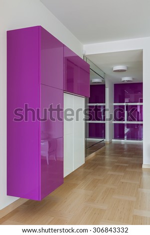 Interior of empty wardrobe room with furniture in pink colors