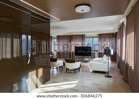 Home modern luxury theater interior with big windows