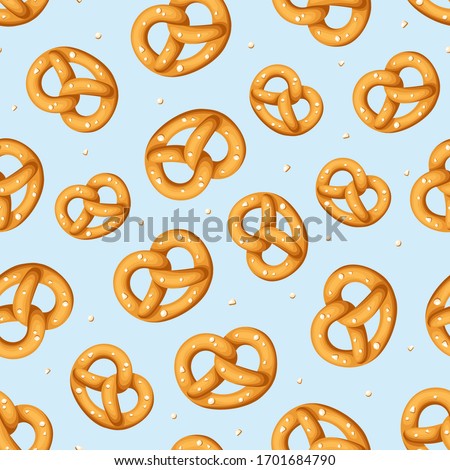 Vector seamless pattern with pretzels on a blue background.
