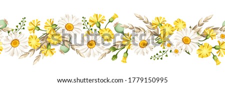 Vector horizontal seamless border with white daisies and yellow wild flowers and ears of wheat. 