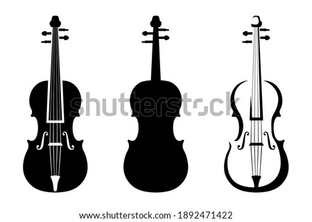 Set of three black silhouettes of violins isolated on a white background. Vector illustration.