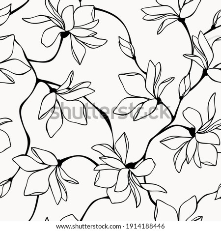 Vector seamless black and white floral pattern with magnolia flowers. Line art illustration.