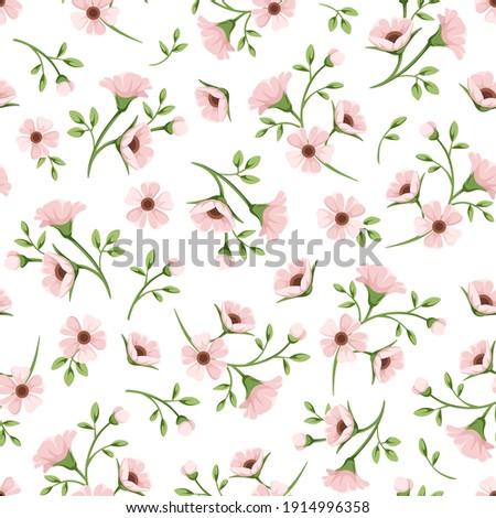 Vector seamless spring floral pattern with small pink flowers on a white background.