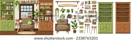 Room interior with green and brown bookcases, an armchair, books, and houseplants. Cozy old-fashioned classic interior design. Furniture set. Interior constructor. Cartoon vector illustration