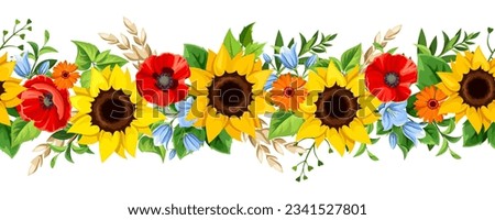 Floral seamless border with sunflowers, poppy flowers, bluebell flowers, and green leaves. Vector horizontal seamless garland