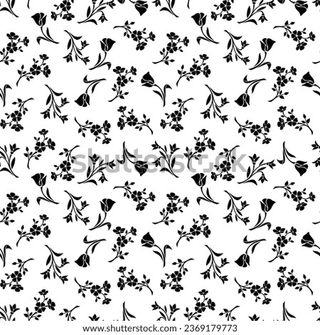 Seamless floral pattern with small flowers. Vector black and white floral print
