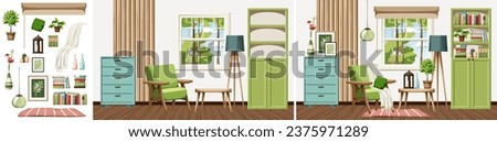 Living room interior design with a green armchair, a green bookcase, a blue dresser, and wooden slats on the wall. Home decoration before and after. Interior constructor. Handmade illustration, not AI