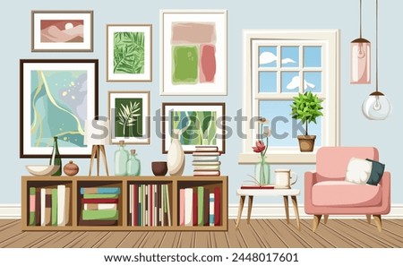 Living room interior design with a blue wall, a pink armchair, a shelving, a window, and paintings on the wall. Modern living room interior design. Cartoon vector. Hand-drawn illustration, not AI 