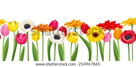 Vector horizontal seamless background with colorful gerbera, tulips and anemone flowers.