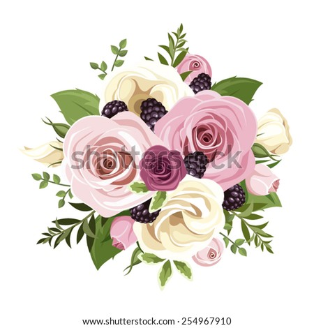 Vector bouquet of pink and white roses and lisianthus flowers, blackberries and green leaves isolated on a white background.