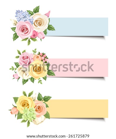 Set of three vector colorful web banners with pink, white, orange and yellow roses and lisianthus flowers and green leaves.