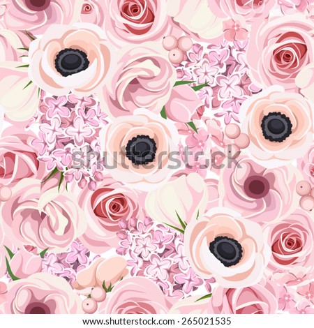 Vector seamless pattern with pink roses, lisianthus, anemones, lilac and hydrangea flowers.