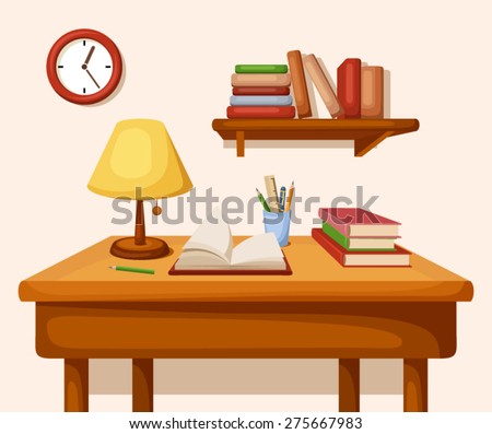 Vector room interior with table with books and lamp on it, shelf with books and clock.