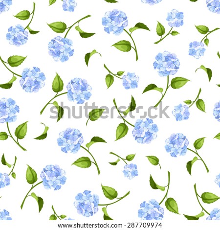 Vector seamless pattern with blue hydrangea flowers on a white background.