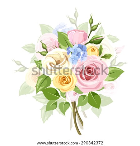 Vector bouquet of pink, yellow, blue and white roses, lisianthus and hydrangea flowers and green leaves.