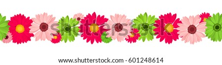Vector horizontal seamless background with pink and green gerbera flowers.