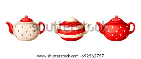 Vector set of three red and white porcelain teapots isolated on a white background.