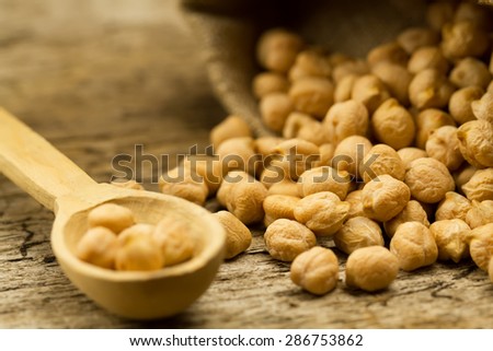 scattered chickpeas from a jute bag with a spoon on old wooden background