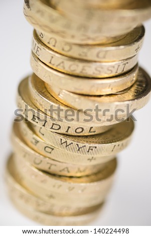 A pile of pound coins on a table.