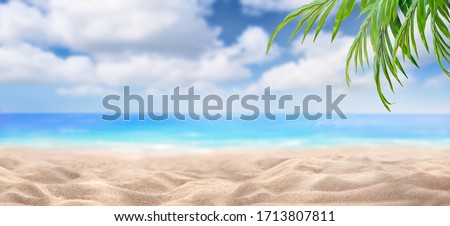 A summer vacation, holiday background of a tropical beach and blue sea and white fluffy clouds and green leaves of a palm tree.