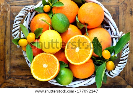 Mixed citruses, oranges, lemon, kumquats, lime, mandarin,grapefruit. Fresh fruits.