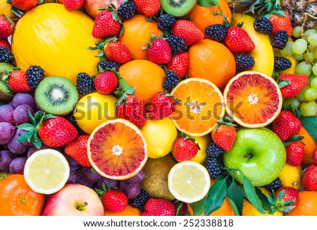 Fresh fruits assorted fruits colorful background.Vitamins natural nutrition concept. 商業照片 © 