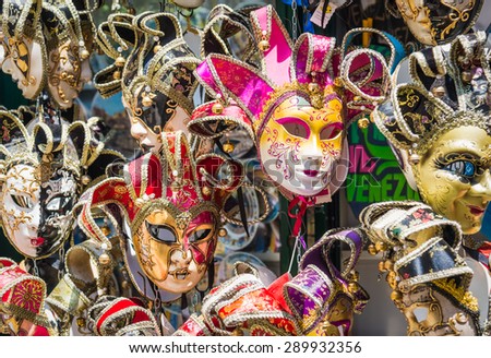 Venetian carnival masks, souvenir shop on a street of Venice, Veneto, Italy.