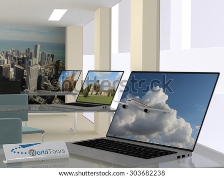 3D render illustration  of Travel agency concept with an interior view of the agency with open laptops displaying travel landscapes and one in the foreground with a jetliner exiting the screen