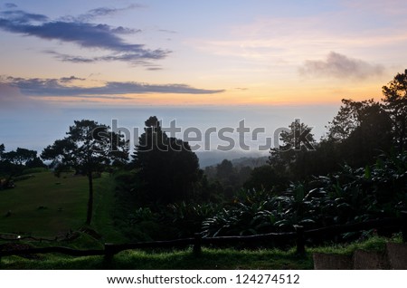 Sea of mist on sunrise. View from high mountain . Huai Nam Dang national park Thailand